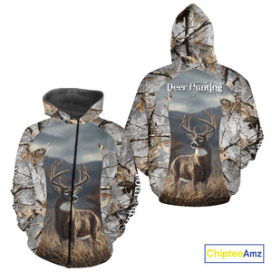 Custom 3D Deer Hunting Shirt With Whitetail Deer Winter Camo For Deer Hunting Season NHT222