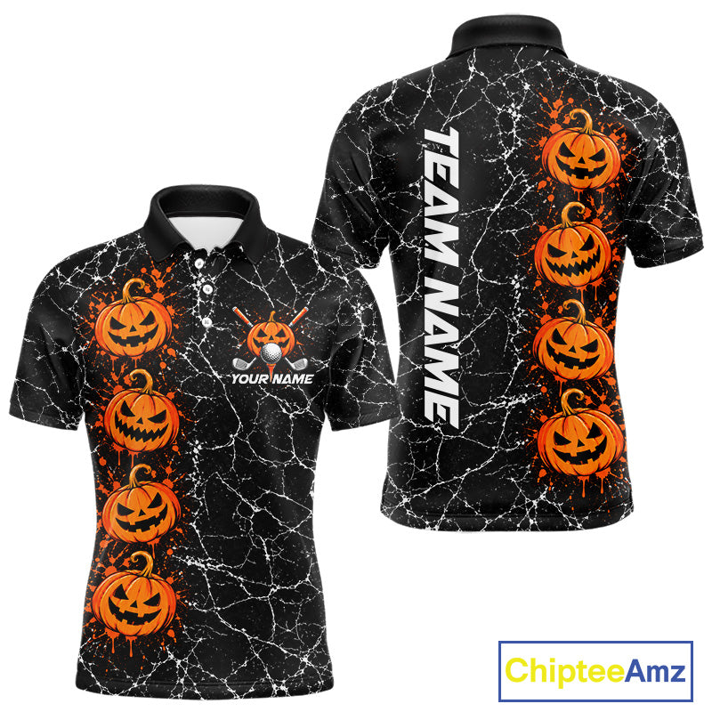 Black Pumpkin Men Golf  Polo Shirt Custom Spooky Halloween Sports Club Match Jersey NHT1696