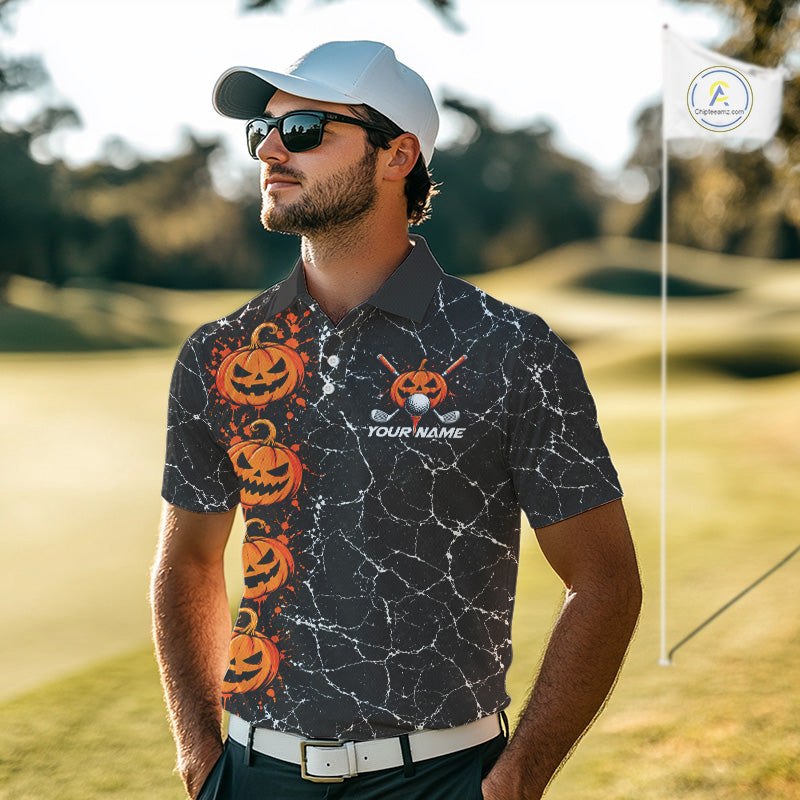 Black Pumpkin Men Golf  Polo Shirt Custom Spooky Halloween Sports Club Match Jersey NHT1696