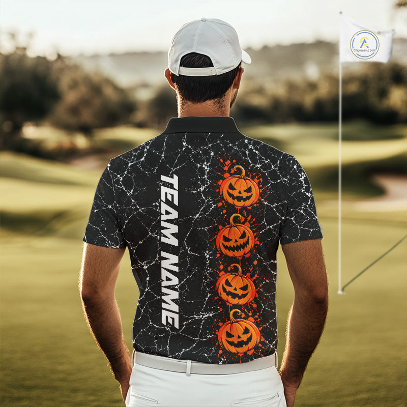 Black Pumpkin Men Golf  Polo Shirt Custom Spooky Halloween Sports Club Match Jersey NHT1696