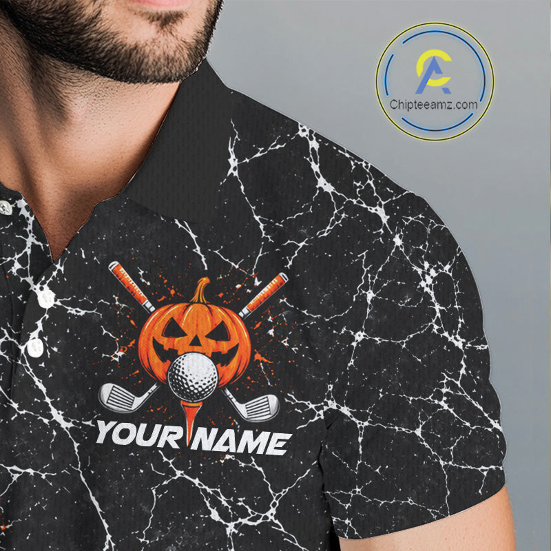 Black Pumpkin Men Golf  Polo Shirt Custom Spooky Halloween Sports Club Match Jersey NHT1696