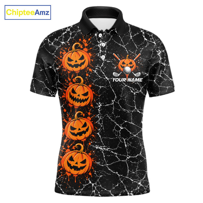 Black Pumpkin Men Golf  Polo Shirt Custom Spooky Halloween Sports Club Match Jersey NHT1696