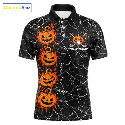 Black Pumpkin Men Golf  Polo Shirt Custom Spooky Halloween Sports Club Match Jersey NHT1696