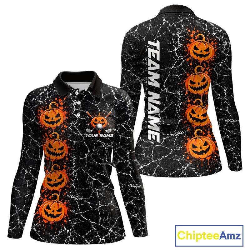 Black Pumpkin Women Golf Polo Shirt Custom Spooky Halloween Sports Club Match Jersey NHT1696