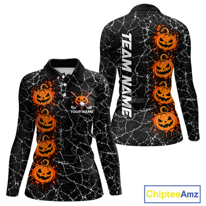 Black Pumpkin Women Golf Polo Shirt Custom Spooky Halloween Sports Club Match Jersey NHT1696