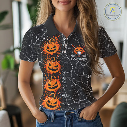 Black Pumpkin Women Golf Polo Shirt Custom Spooky Halloween Sports Club Match Jersey NHT1696