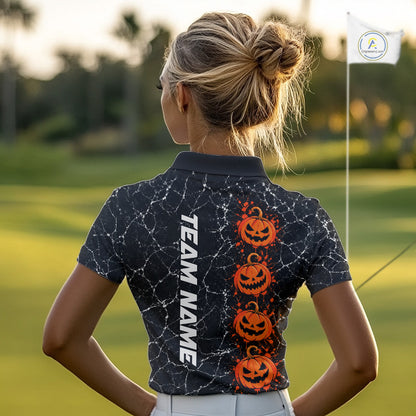 Black Pumpkin Women Golf Polo Shirt Custom Spooky Halloween Sports Club Match Jersey NHT1696