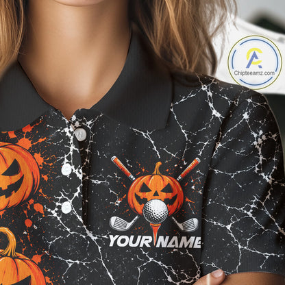 Black Pumpkin Women Golf Polo Shirt Custom Spooky Halloween Sports Club Match Jersey NHT1696