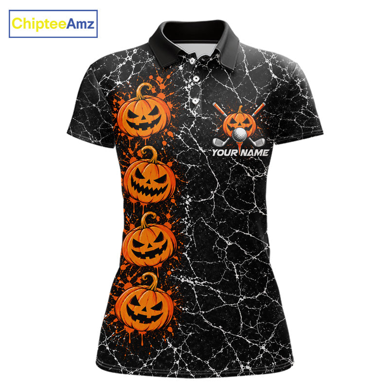 Black Pumpkin Women Golf Polo Shirt Custom Spooky Halloween Sports Club Match Jersey NHT1696