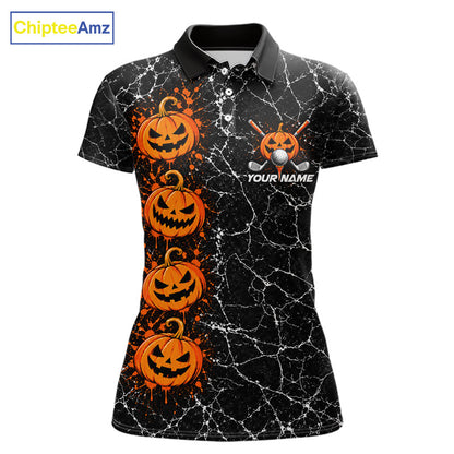 Black Pumpkin Women Golf Polo Shirt Custom Spooky Halloween Sports Club Match Jersey NHT1696