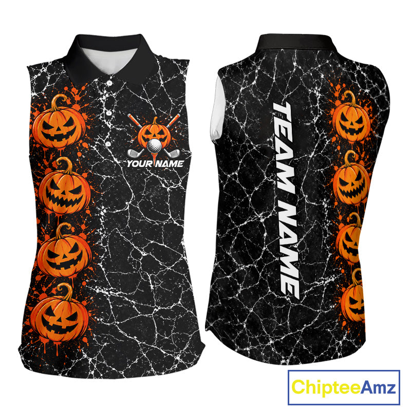 Black Pumpkin Women Sleeveless Golf Polo Shirt Custom Spooky Halloween Sports Club Match Jersey NHT1696