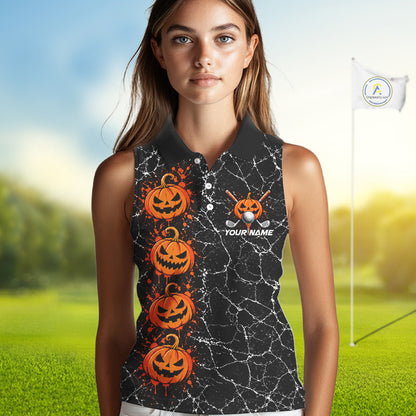 Black Pumpkin Women Sleeveless Golf Polo Shirt Custom Spooky Halloween Sports Club Match Jersey NHT1696