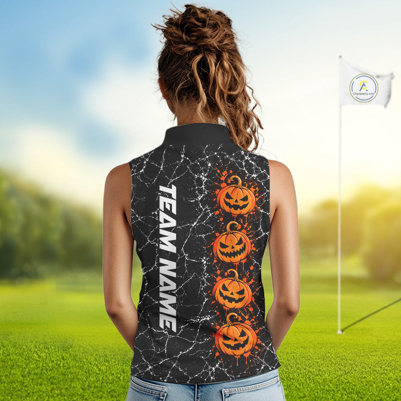 Black Pumpkin Women Sleeveless Golf Polo Shirt Custom Spooky Halloween Sports Club Match Jersey NHT1696