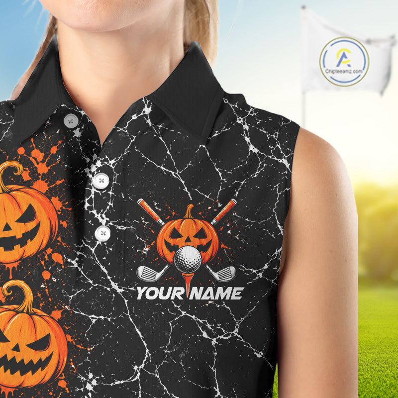 Black Pumpkin Women Sleeveless Golf Polo Shirt Custom Spooky Halloween Sports Club Match Jersey NHT1696