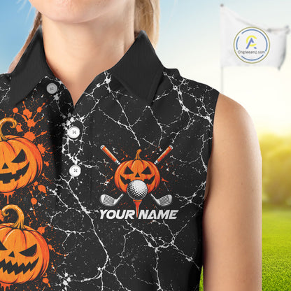 Black Pumpkin Women Sleeveless Golf Polo Shirt Custom Spooky Halloween Sports Club Match Jersey NHT1696