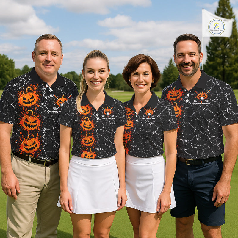 Black Pumpkin Men Golf  Polo Shirt Custom Spooky Halloween Sports Club Match Jersey NHT1696