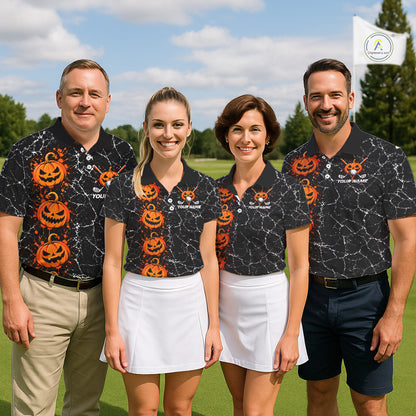 Black Pumpkin Men Golf  Polo Shirt Custom Spooky Halloween Sports Club Match Jersey NHT1696