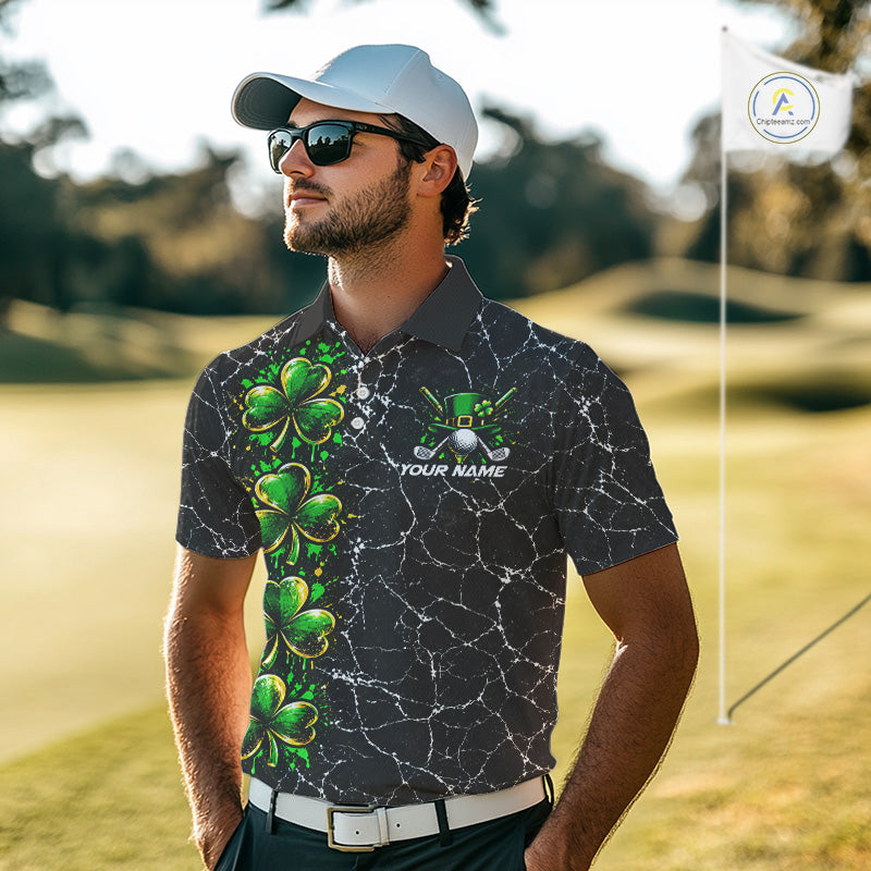 Black Shamrock Men Golf Polo Shirt Custom Irish Luck Sports Club Match Jersey NHT1697