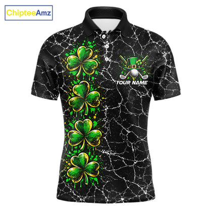Black Shamrock Men Golf Polo Shirt Custom Irish Luck Sports Club Match Jersey NHT1697