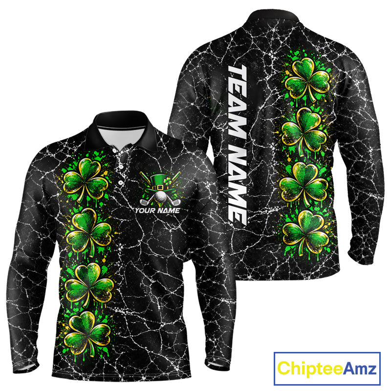 Black Shamrock Men Golf Polo Shirt Custom Irish Luck Sports Club Match Jersey NHT1697