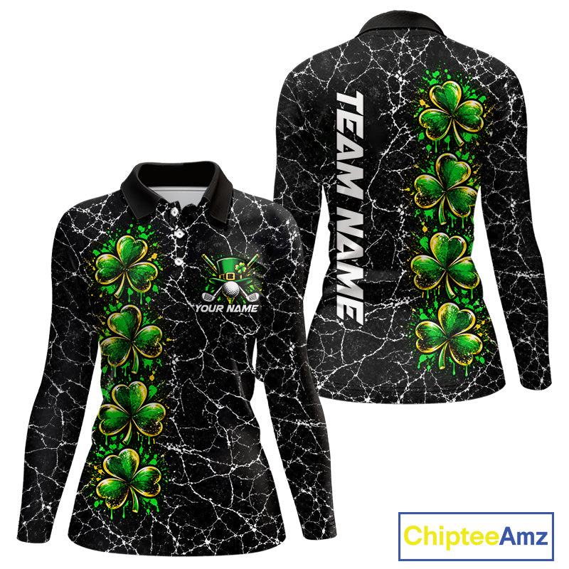 Black Shamrock Women Golf Polo Shirt Custom Irish Luck Sports Club Match Jersey NHT1697