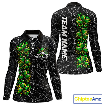 Black Shamrock Women Golf Polo Shirt Custom Irish Luck Sports Club Match Jersey NHT1697