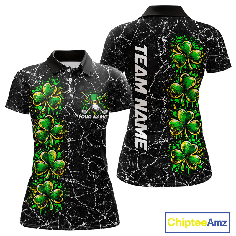 Black Shamrock Women Golf Polo Shirt Custom Irish Luck Sports Club Match Jersey NHT1697