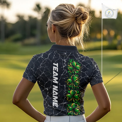 Black Shamrock Women Golf Polo Shirt Custom Irish Luck Sports Club Match Jersey NHT1697