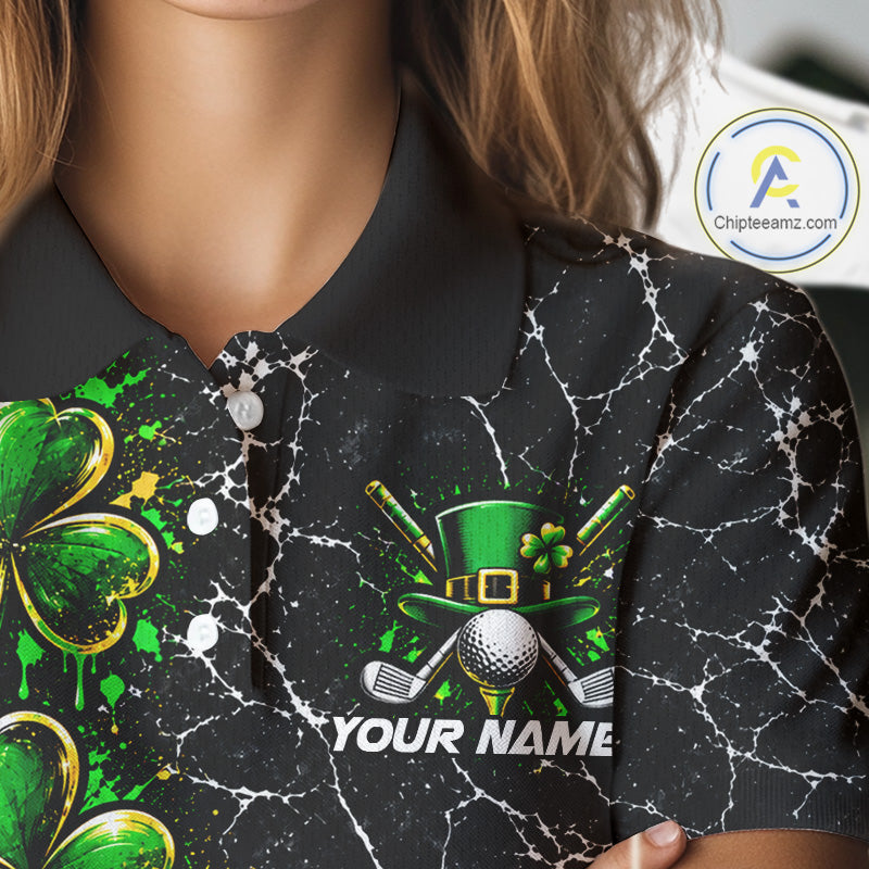 Black Shamrock Women Golf Polo Shirt Custom Irish Luck Sports Club Match Jersey NHT1697