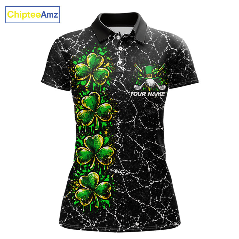 Black Shamrock Women Golf Polo Shirt Custom Irish Luck Sports Club Match Jersey NHT1697