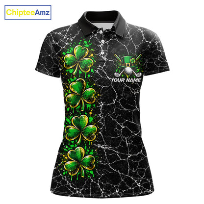 Black Shamrock Women Golf Polo Shirt Custom Irish Luck Sports Club Match Jersey NHT1697
