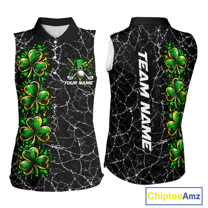 Black Shamrock Women Sleeveless Golf Polo Shirt Custom Irish Luck Sports Club Match Jersey NHT1697