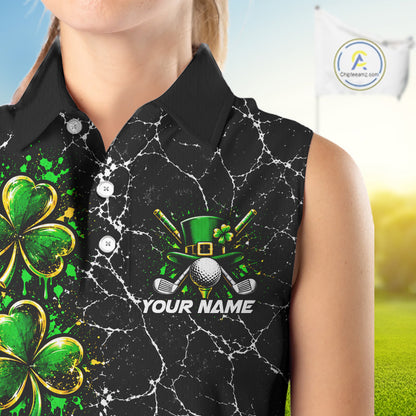 Black Shamrock Women Sleeveless Golf Polo Shirt Custom Irish Luck Sports Club Match Jersey NHT1697