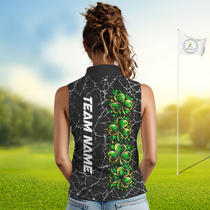 Black Shamrock Women Sleeveless Golf Polo Shirt Custom Irish Luck Sports Club Match Jersey NHT1697
