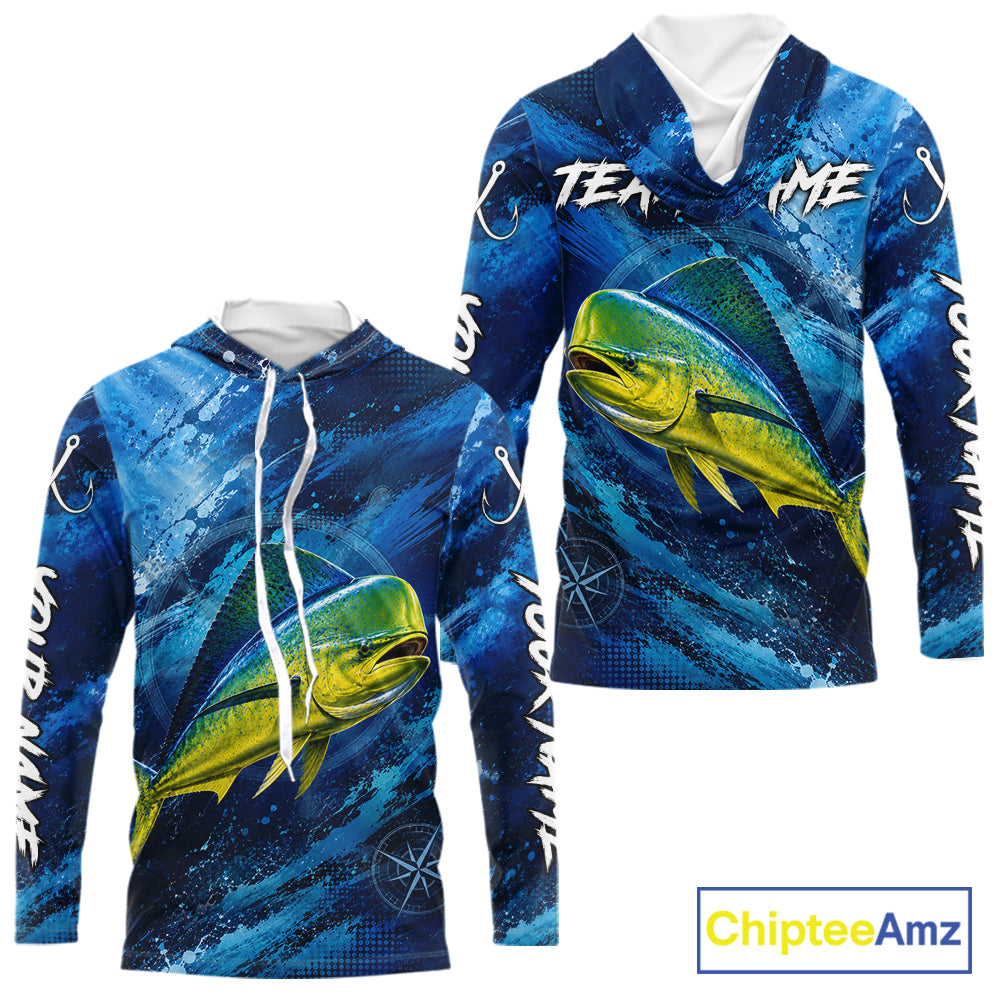 Back view of custom mahi mahi hooded fishing shirt made from lightweight polyester with UPF 30+ sun protection.