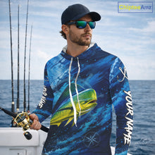 Load image into Gallery viewer, Custom Mahi Mahi Fishing Jersey, Personalized Long Sleeve Hooded Performance Fishing Shirt NHT1221