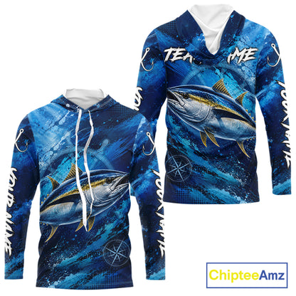 Back view of custom tuna hooded fishing shirt made from lightweight polyester with UPF 30+ sun protection.