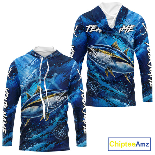 Back view of custom tuna hooded fishing shirt made from lightweight polyester with UPF 30+ sun protection.