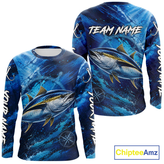 Back view of custom tuna fishing shirt made from breathable polyester with UPF 30+ sun protection.
