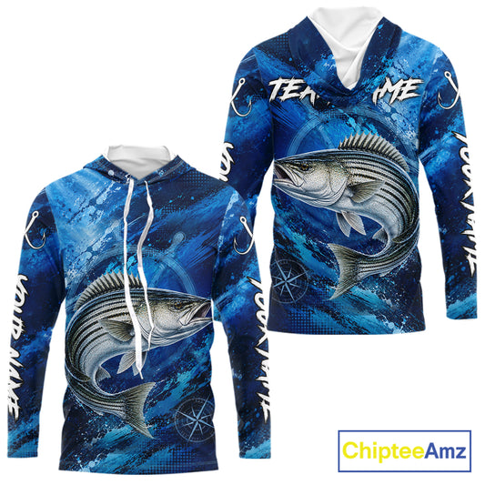 Back view of custom striped bass hooded fishing shirt made from lightweight polyester with UPF 30+ sun protection.
