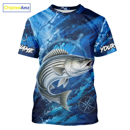 Custom Striped Bass Fishing Jersey with striped bass graphic and short sleeve performance fit.