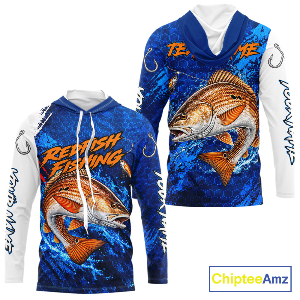 Redfish Fishing Blue Camo Long Sleeve Hooded Performance Fishing Shirt Custom Redfish Fishing Jerseys NBT1046