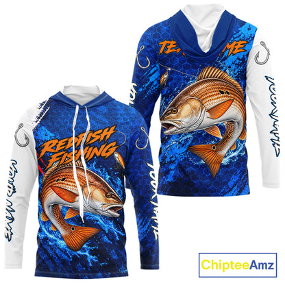 Redfish Fishing Blue Camo Long Sleeve Hooded Performance Fishing Shirt Custom Redfish Fishing Jerseys NBT1046