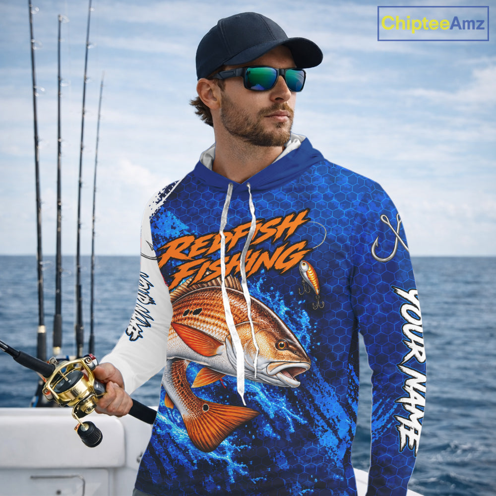 Redfish Fishing Blue Camo Long Sleeve Hooded Performance Fishing Shirt Custom Redfish Fishing Jerseys NBT1046