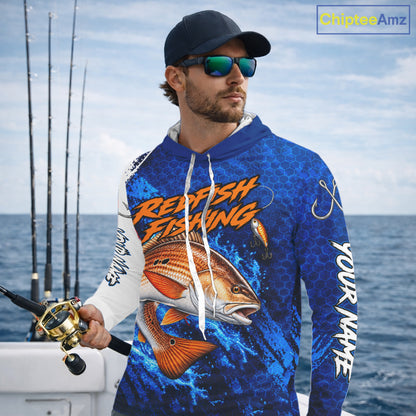 Redfish Fishing Blue Camo Long Sleeve Hooded Performance Fishing Shirt Custom Redfish Fishing Jerseys NBT1046