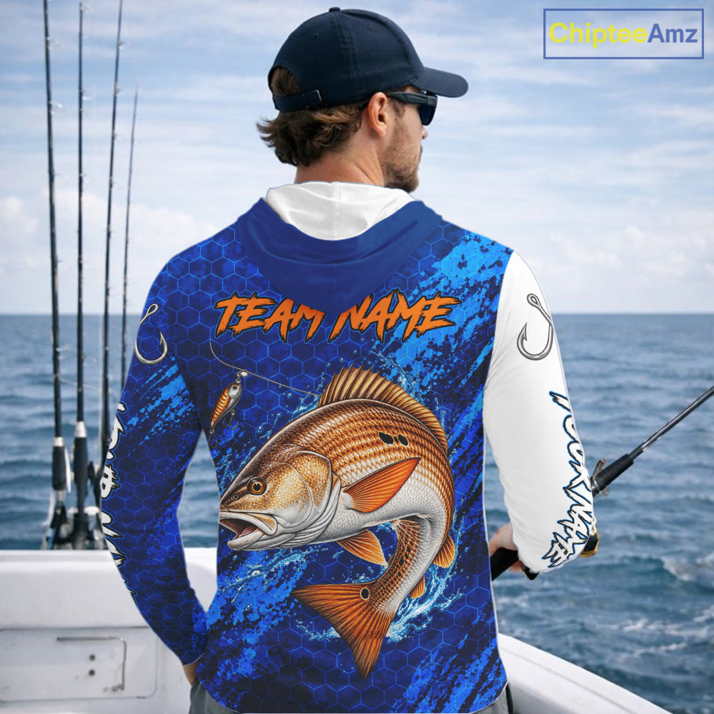 Redfish Fishing Blue Camo Long Sleeve Hooded Performance Fishing Shirt Custom Redfish Fishing Jerseys NBT1046