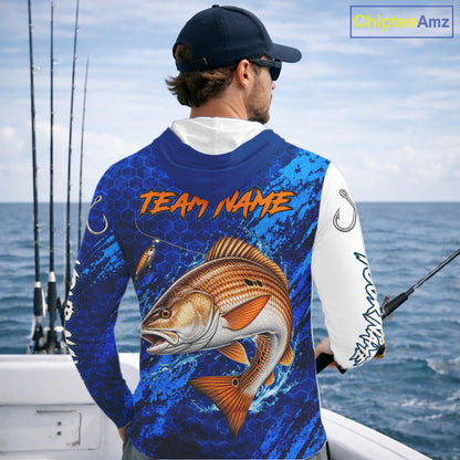 Redfish Fishing Blue Camo Long Sleeve Hooded Performance Fishing Shirt Custom Redfish Fishing Jerseys NBT1046