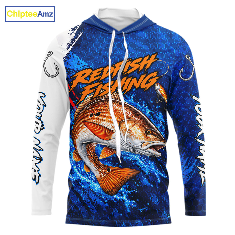 Redfish Fishing Blue Camo Long Sleeve Hooded Performance Fishing Shirt Custom Redfish Fishing Jerseys NBT1046
