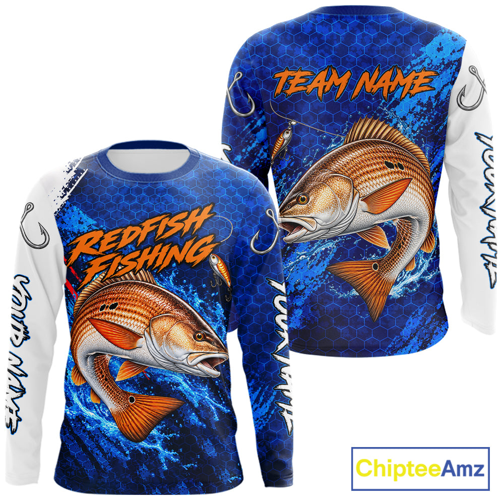 Redfish Fishing Blue Camo Long Sleeve Performance Fishing Shirt Custom Redfish Fishing Jerseys NBT1046