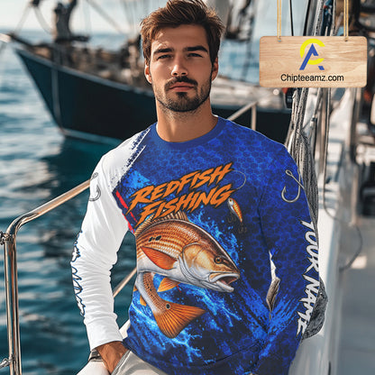Redfish Fishing Blue Camo Long Sleeve Performance Fishing Shirt Custom Redfish Fishing Jerseys NBT1046